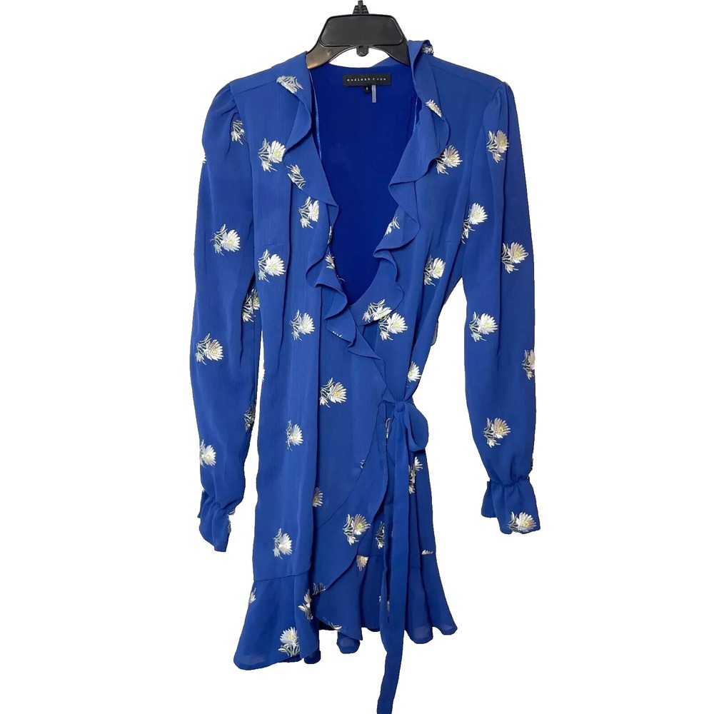 Endless Rose Embroidered Flower‎ Blue Wrap Dress Womens S Ruffle Hem Long Sleeve